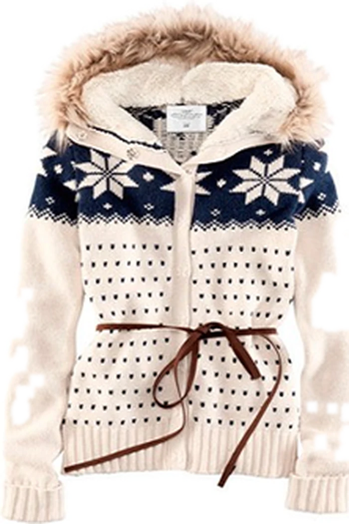 Cream jacquard hooded knit with drawcord