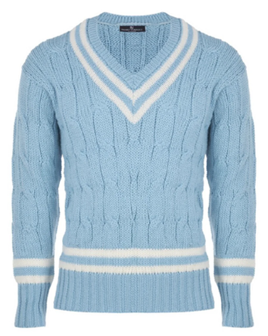 Pale blue cricket V-neck with contrast tipping